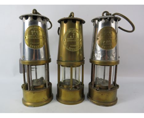 Three vintage Eccles miners lamps, Type 6 &amp; Type GR6S.