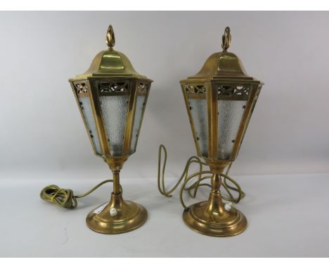 Pair of Brass lantern table lamps, 15" tall. Both require new plugs.