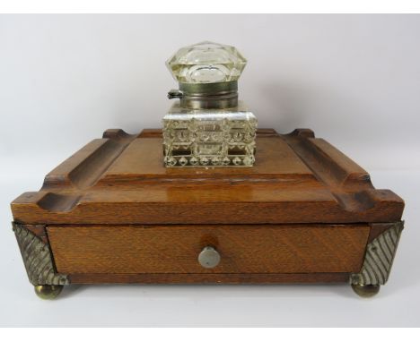 Vintage wooden desk tidy with drawer and large glass inkwell. 10"wide, 8"deep &amp; 7.52 tall to top of inkwell.