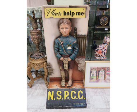 Rare Large free standing vintage Nspcc charity box of a boy, 44" tall,  19" wide.