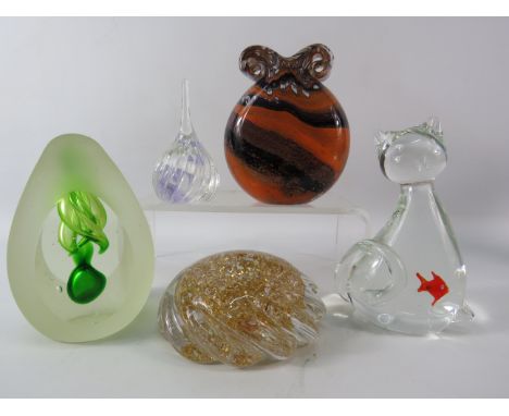 Phoenician glass vase, Caithness glass ring holder and three art glass paperweights.