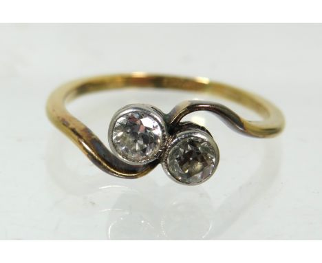 18ct Yellow Gold ring set with Twin Diamonds of approx 0.25pts each.  Finger size 'L-5'   2.2g