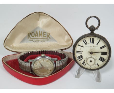 Antique  Silver Cased Pocket watch for spares or repairs plus a Vintage 'Roamer' Wristwatch with expanding strap in running o
