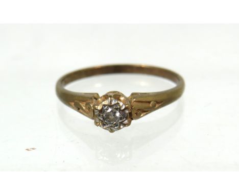 9ct Yellow Gold Ring set with a small Diamond Solitaire of approx 2mm.  Finger size 'L'   1.2g