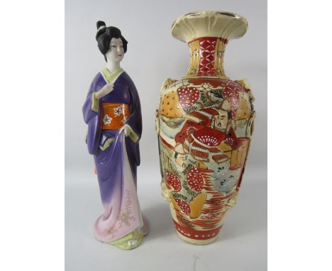 Japanese saki decanter in the form of a oriental lady plus a Satsuma vase, 12.5" tall.