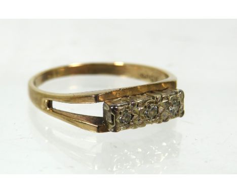 9ct Yellow Gold Ring set with Three Small 2mm Diamonds. Finger size 'R'   2.6g