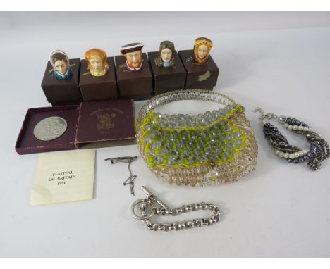 Mixed lot to include a sterling silver bracelet (40g) vintage beaded bag, china thimbles, festival of britain coin etc.