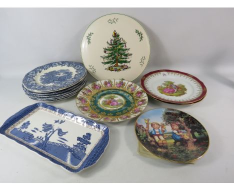 Mixed ceramic plates including Limoges loving plate and Spode christmas tree cake plate.