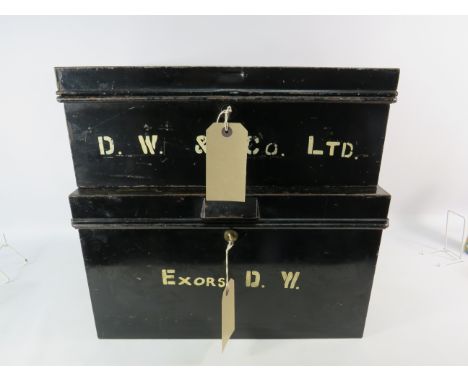Two vintage metal deed boxes with keys.