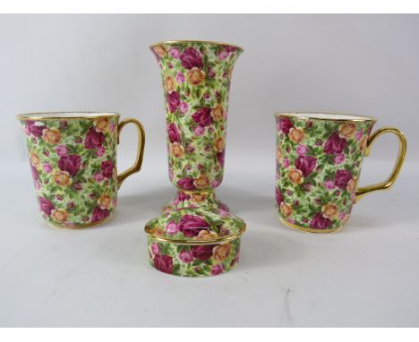 Royal Albert Old Country roses chintz collection, 2 mugs, vases and lidded trinket.
