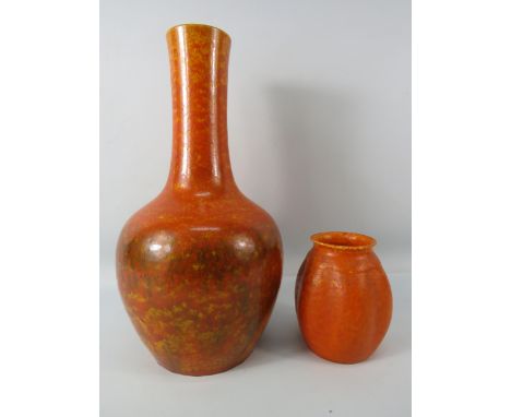 Two Pilkington's Royal Lancastrian pottery orange vases model no's 3112 &amp; 2780. The tallest stands 13 1/4".