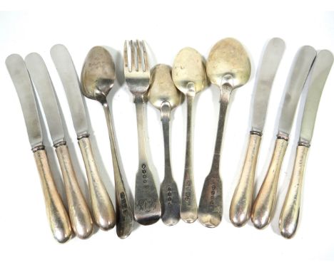 Selection of Georgian Silver Spoons plus Fork (154.4g) together with Silver handled butter knives. 