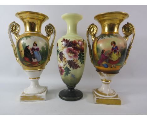 Two Antique handpainted twin handle ceramic vases plus a handpainted Victorian milk glass vase, approx 11" tall.