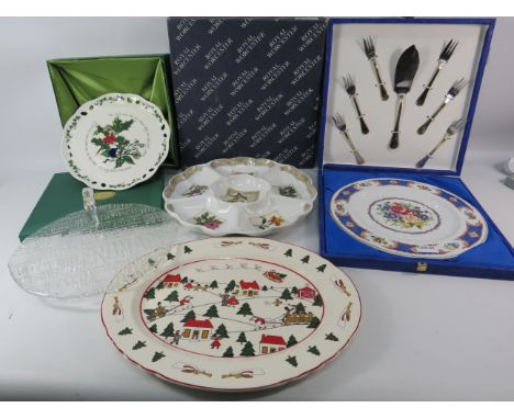 Limoges cake set, Royal Worcester Crudite dish, Masons christmas serving plate, portmeirion cake stand and a glass cheese ser
