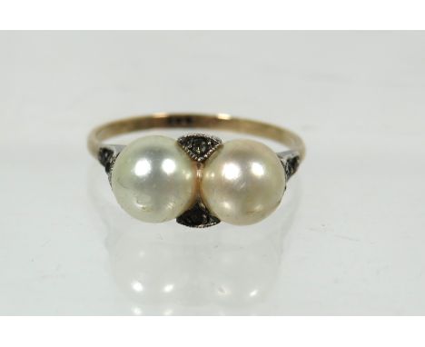 9ct Yellow Gold Ring set with Twin 10mm Pearls.  Finger size 'L-5'   2.0g