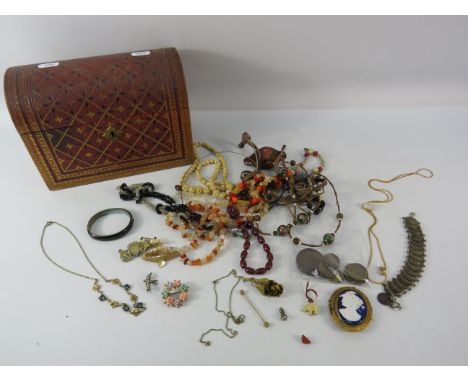 Treasure chest trinket box and a selection of vintage costume jewellery including murano glass necklace and some brass weight