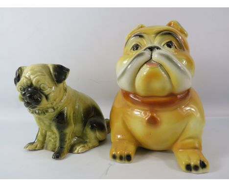 Large vintage ceramic bulldog and a treacle glaze pug dog figurine, the tallest standst 9.5".