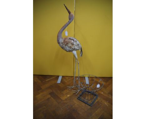 Metal Garden Long necked bird 44 inches tall plus wire planter. See photos.