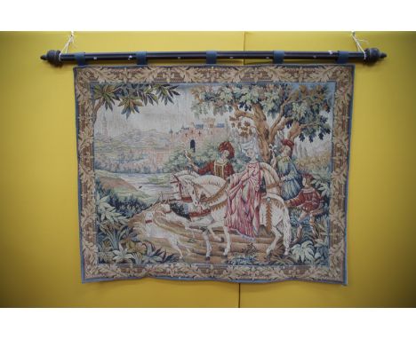 Wall mounted Tapestry by Franklin Mint called 'The Royal Hunt Tapestry by Marc Weymel.  Mounted on wood pole which measures 3