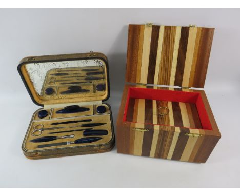 Vintage manicure set and a wooden jewellery box.