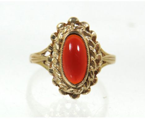 9ct Yellow Gold Ring set with an Oval Cornelian.  Finger size 'M-5'   2.4g   London 1974