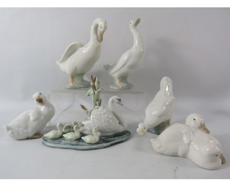 Selection of Nao and Lladro Duck, Geese and swan figurines.