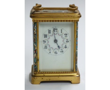 Late 19th/ early 20thC French brass cased carriage clock with enamel decoration to corniches, Arabic dial with floral and fol