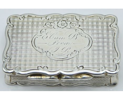 George Unite Victorian hallmarked silver snuff box of shaped form with engine turned decoration, Birmingham 1873, length 5.5c