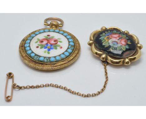 A Victorian brooch set with enamel and a Victorian pendant set with Bilston enamel and faux turquoise&nbsp;