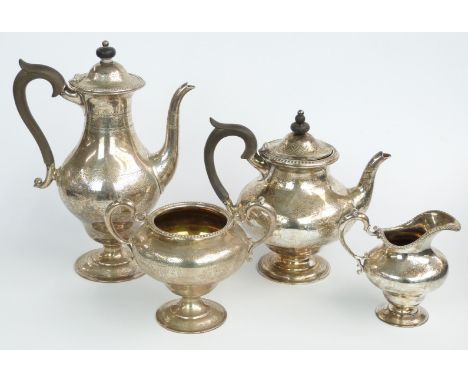 Garrard Victorian hallmarked silver four piece teaset of pedestal design with engraved decoration, London 1875 maker&nbsp;R &