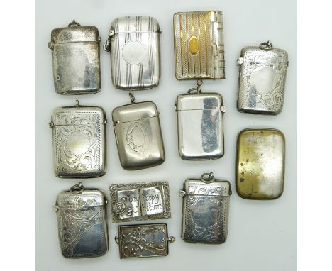 Ten silver plated vesta cases, small trinket box and a miniature souvenir book