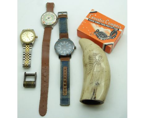 Collectable including replica scrimshaw, watches, pedometer, alphabet lock and a marching compass