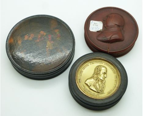 Three 19thC patch boxes comprising one with gilt metal lid&nbsp;and portrait in relief 'Charles Louis Archiduc D'Autriche Ne 