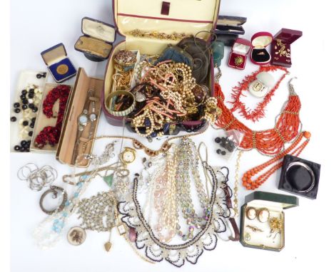 A collection of costume jewellery including vintage boxes, cameo brooches, diamanté, pearl necklace, tiger's eye necklace, sh