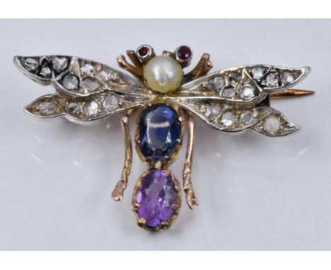 Victorian brooch in the form of a dragonfly set with a pearl, oval cut sapphire, oval cut amethyst, ruby eyes and rose cut di