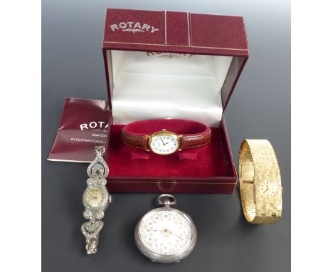 Four ladies wrist and pocket watches comprising Rotary in original box, Accurist, Ormo and a hallmarked silver open faced poc