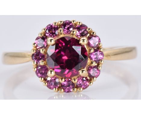 A 9ct gold ring with a rhodalite garnet and amethysts, 2.1, size N 