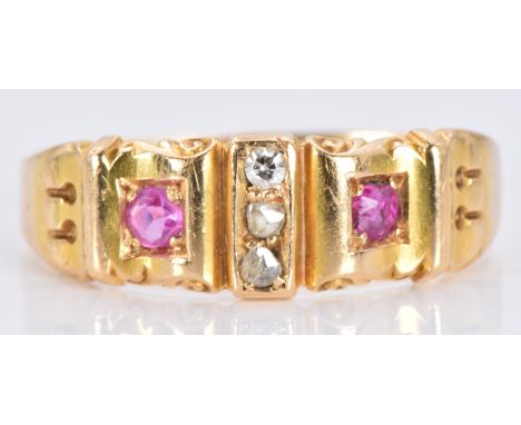 Victorian 18ct gold ring set with rubies and diamonds, Birmingham 1892, 3.2g, size N/O