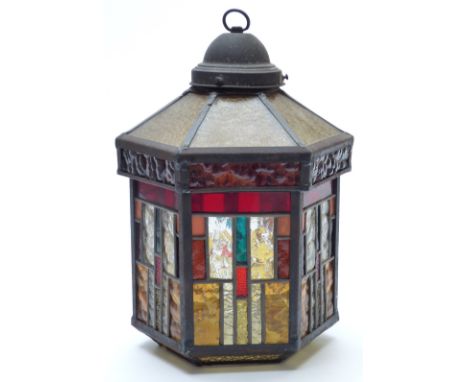 A stained and leaded glass hexagonal light shade, H33 x W23cm&nbsp;