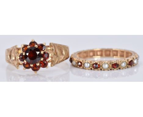 A 9ct gold eternity ring set with alternating garnets and pearls and a 9ct gold ring set with garnets, 4.4g, size M and S&nbs