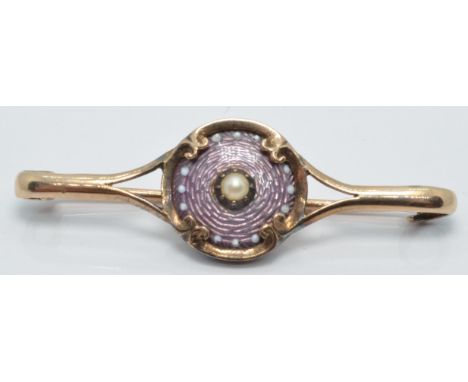 Victorian brooch set with guilloché enamel and a pearl, length 4.5cm