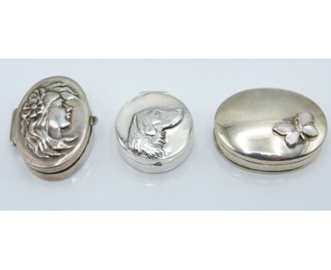 Three various trinket boxes, one embossed with a dog and marked 925 and with import silver hallmarks, another hallmarked silv