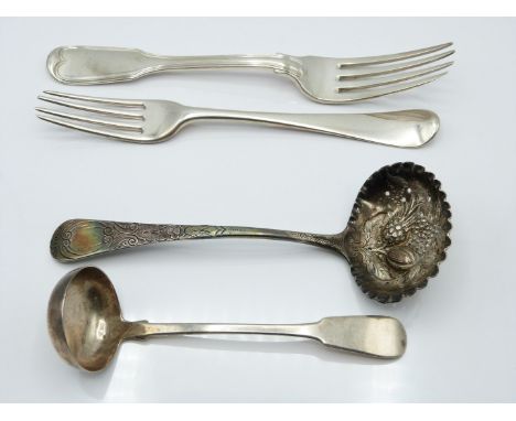 Four pieces of Georgian and William IV hallmarked silver cutlery comprising berry sifter ladle, London 1817 maker William Bat