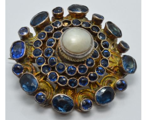 Austro-Hungarian silver gilt brooch set with a pearl and foiled gemstones, diameter&nbsp;2.5cm