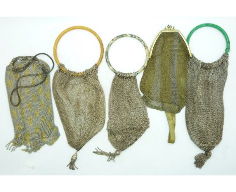 Five silver mesh purse / bags including some with Bakelite hooped handles, probably Art Deco, longest 29cm