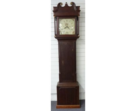 Charles Hopwood of Rochdale Georgian longcase clock with 32.5cm square painted Roman dial, date aperture, painted spandrel de