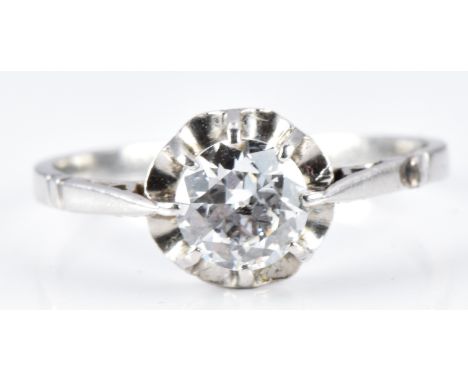 Art Deco platinum ring set with a round cut diamond of approximately 0.6ct, 2.2g,&nbsp;size K/L