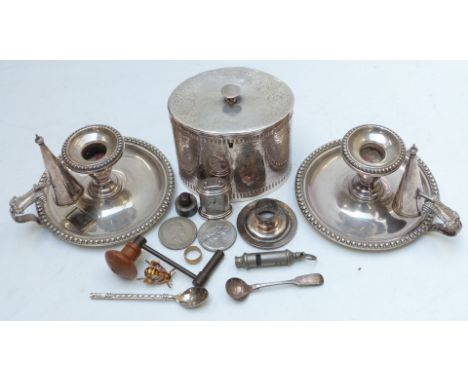 19thC silver plated tea caddy together with a pair of chamber sticks, clock key etc
