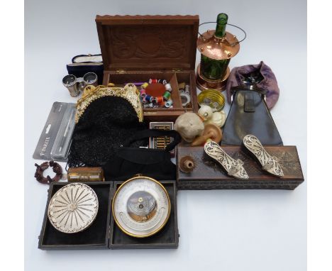Oriental carved wood dragon box, filigree items, Lemaire opera glasses, buttons, Parker 15 pen, vintage bags including Art De