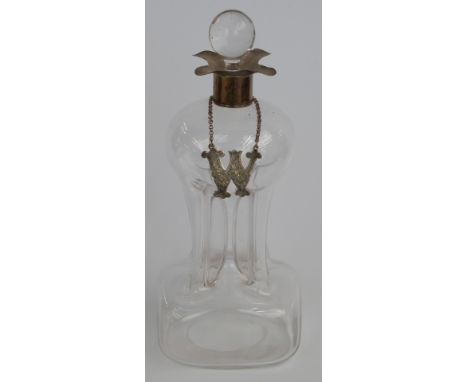 Edward VII hallmarked silver mounted glass glug decanter, Birmingham 1909 maker William Hutton &amp; Sons, with silver plated